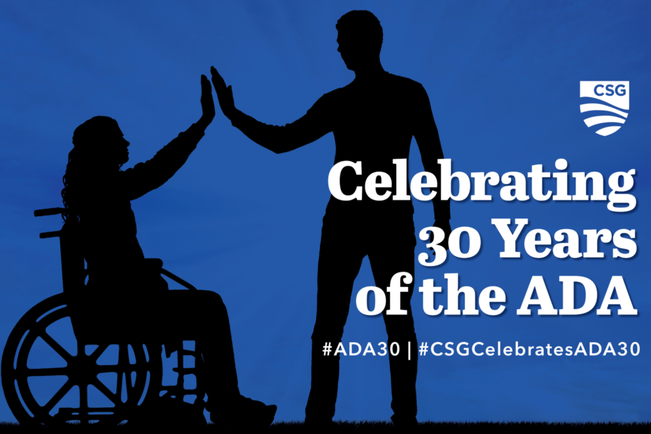 Illustration representing webinar series called "Celebrating 30 Years of the ADA" includes likeness of man standing high fiving woman in a wheelchair